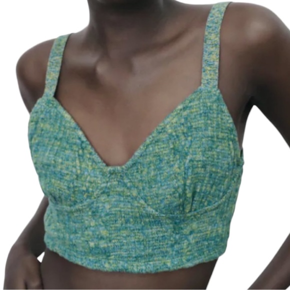 NWT Zara Marl Knit V-Neckline Corset Crop Top  In Color Green Size Medium - Picture 2 of 9